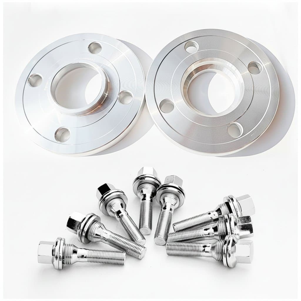 Two 20mm thick 4x108 65.1 centric bore hub wheel spacers with extended flathead bolts for Citroen.