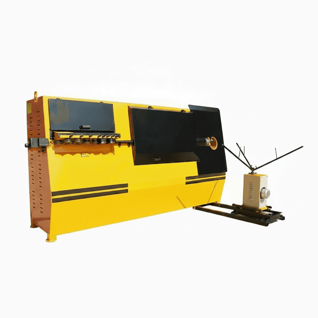 Fully automatic CNC rebar bender and cutter machine with integrated control panel, bending steel reinforcement bars into precise hoops and shapes.