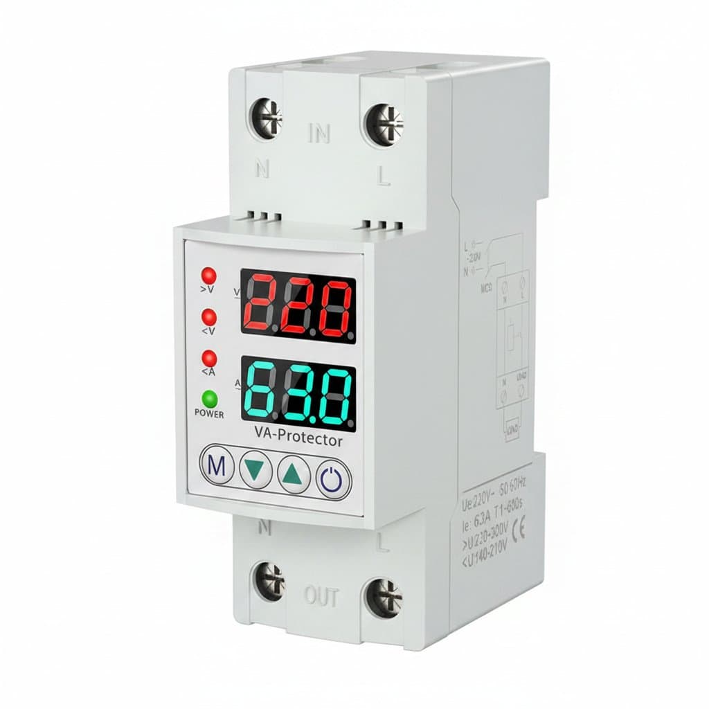 Digital display over under voltage protector with circuit breaker, 40A/63A rating for 220V household electrical safety.