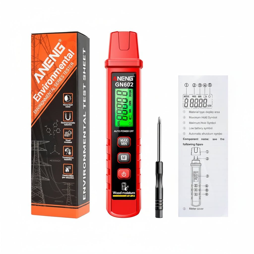 ANENG GN602 Intelligent Moisture Tester for wood and building materials, showing backlit screen and dual-pin sensor.