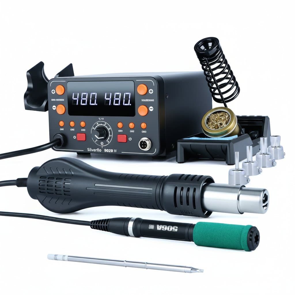 Silverflo 902D-IV professional soldering station with T12 soldering iron and hot air rework gun for electronics repair and welding.