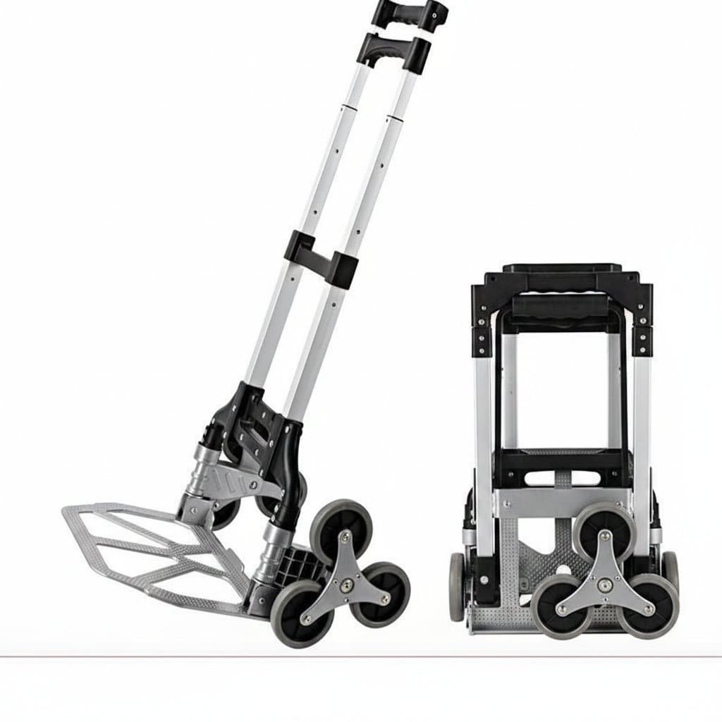 All Terrain Stair Climbing Cart with heavy-duty foldable frame, large sack, and durable wheels for home, travel, and shopping.