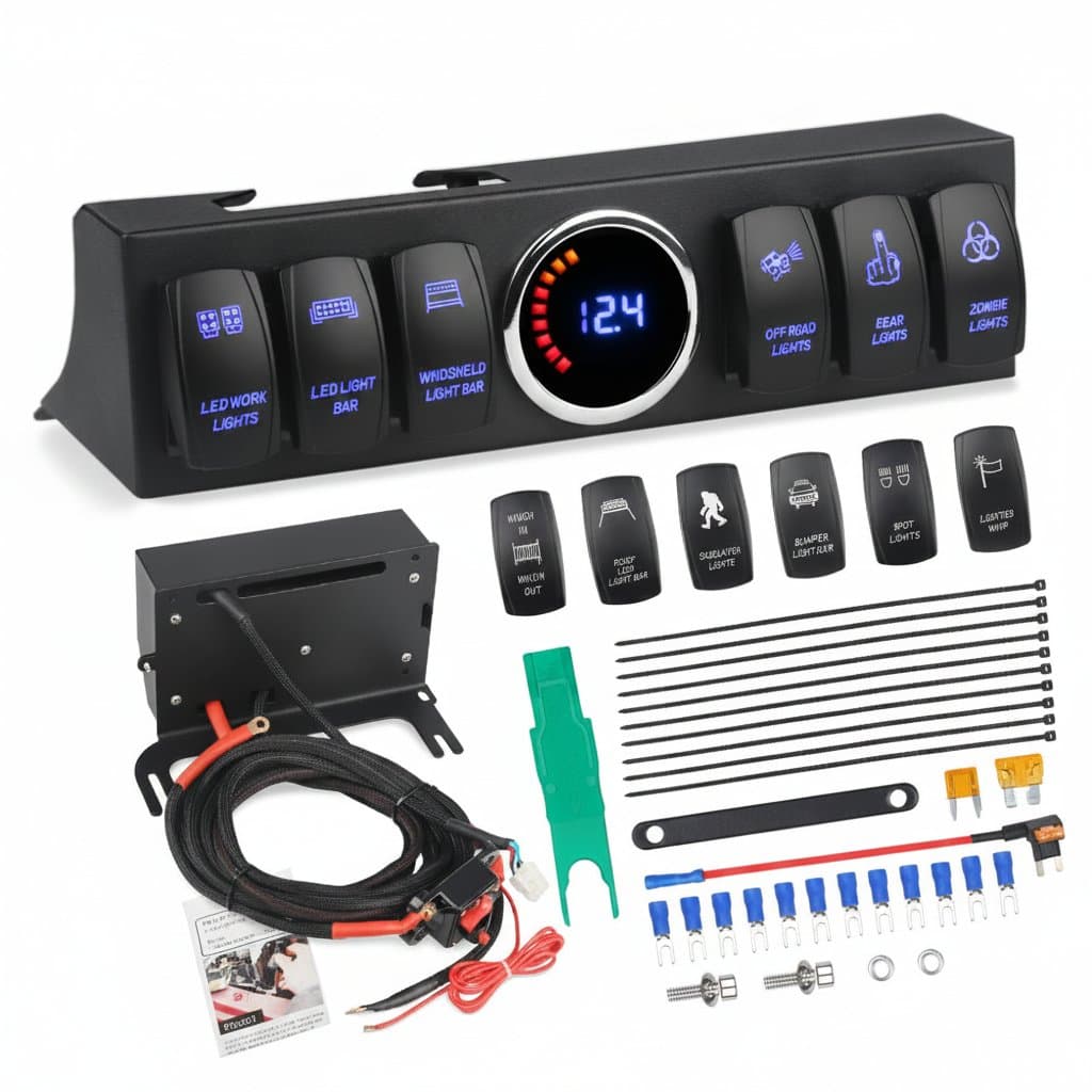 6 Gang Switch Panel for Jeep Wrangler JK 2007-2018 with digital voltage meter display and complete wiring harness kit.