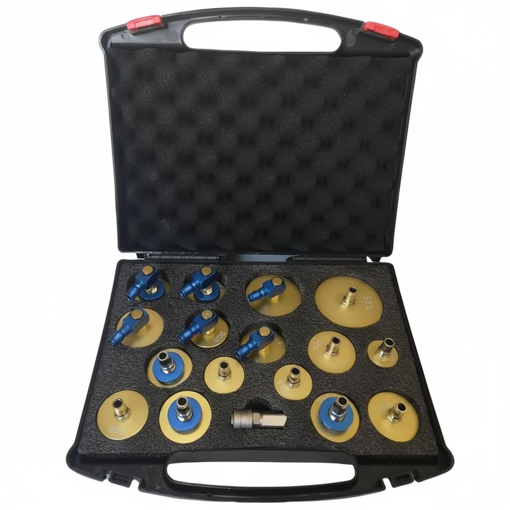 A 17-piece brake fluid bleeder adapter kit, a comprehensive brake bleeder kit for master cylinder flushing and refilling.