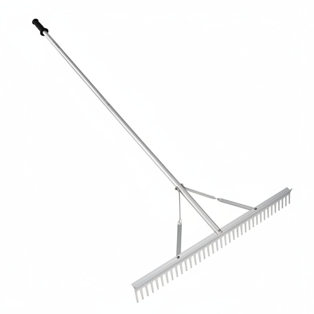 36-inch aluminum landscape rake head with 75-inch handle for lightweight soil loosening, weeding, and general garden use.