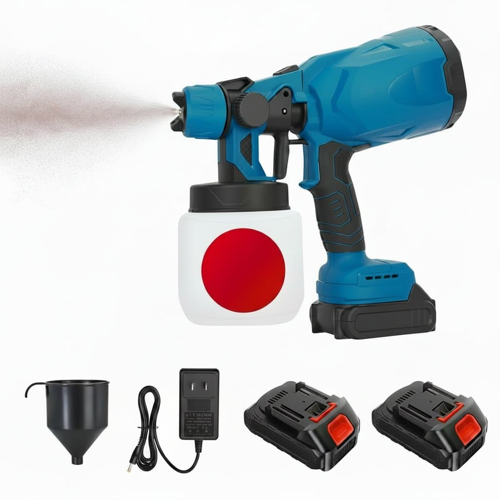 800ML cordless HVLP paint sprayer with 21V high-pressure system, 30000rpm motor, and includes two 2000mAh batteries.