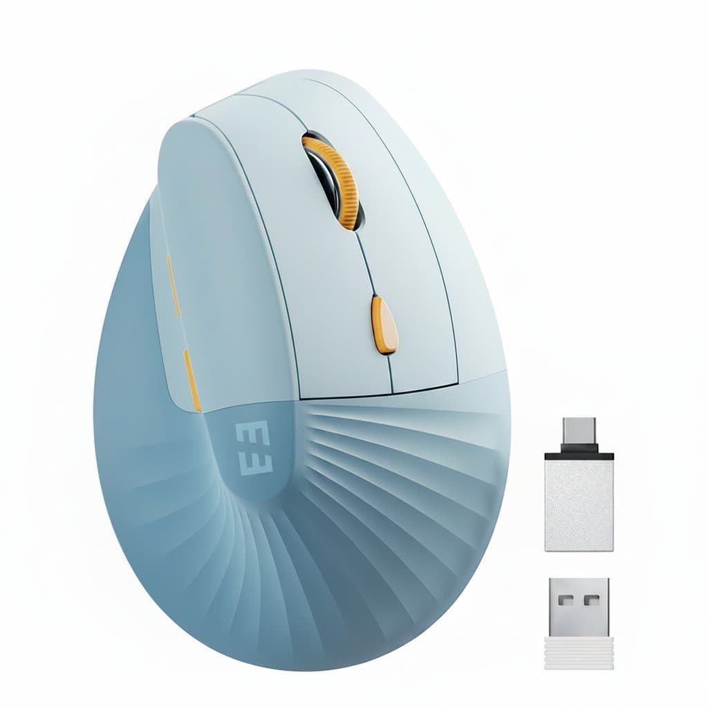 SEENDA Vertical Ergonomic Wireless Mouse in black, recharging via USB-C cable next to a laptop, showing its comfortable handshake grip design.