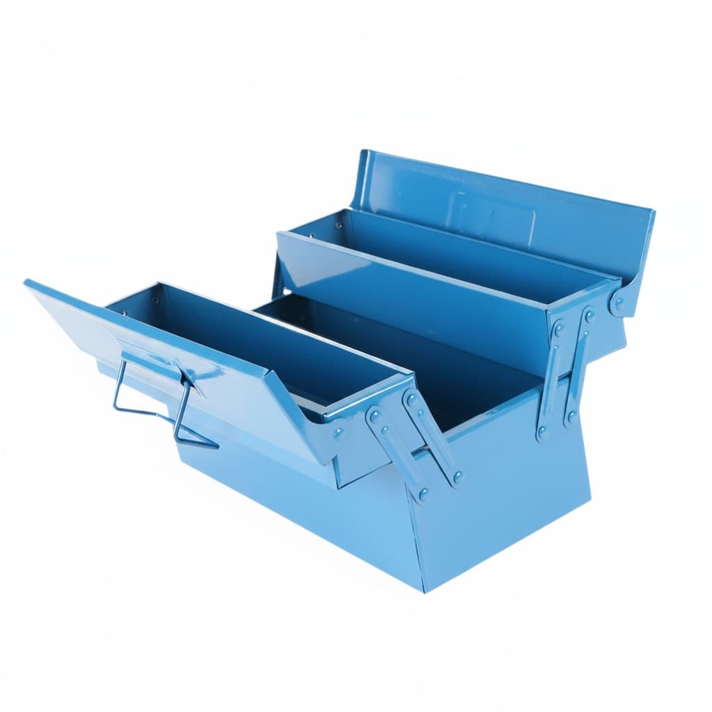 Iron folding tool box with lightweight design for automobile repair, household electrician work, and plumbing tasks. Features multipurpose storage compartments.
