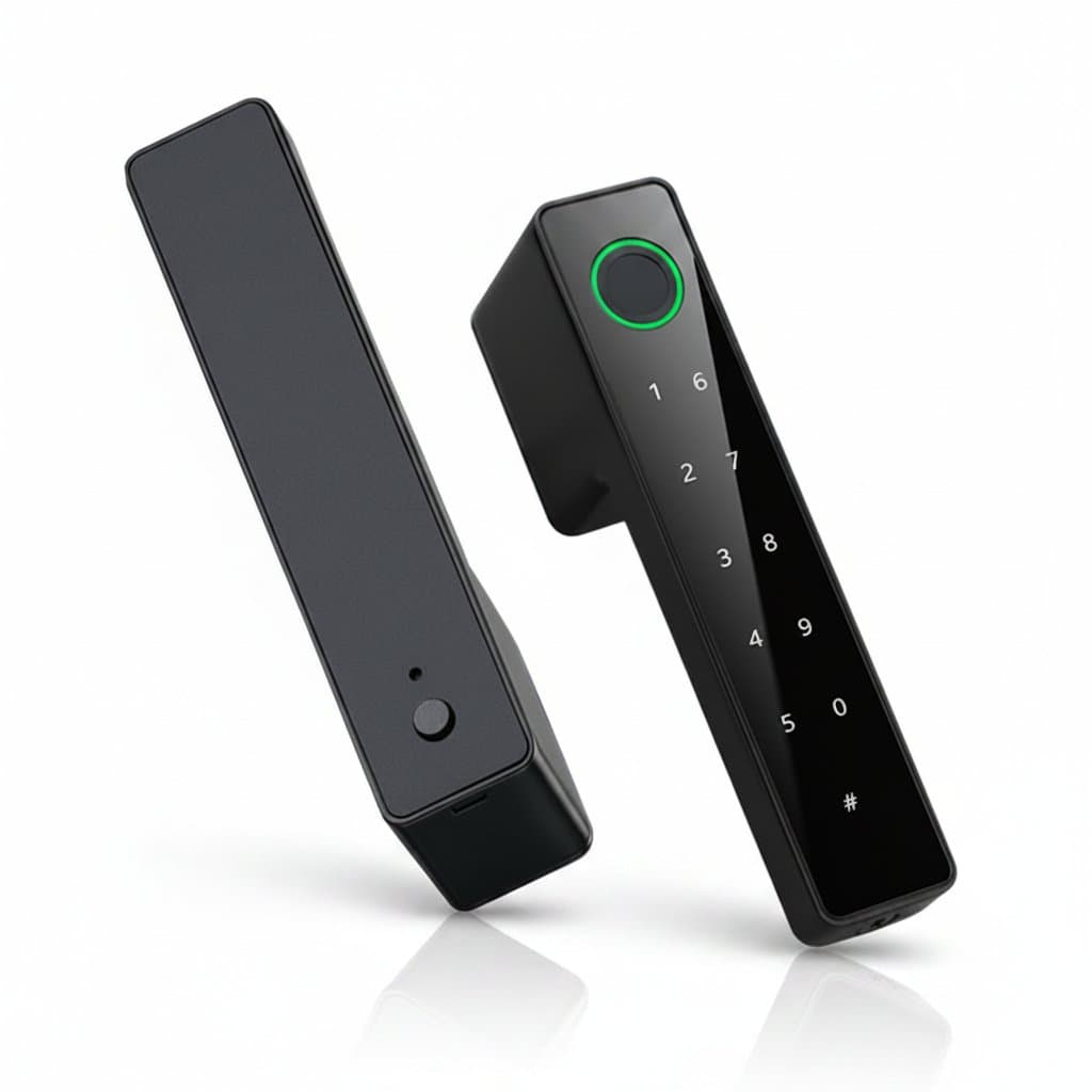 Smart fingerprint door handle lock with IC card, passcode keypad, and biometric keyless entry for indoor security.