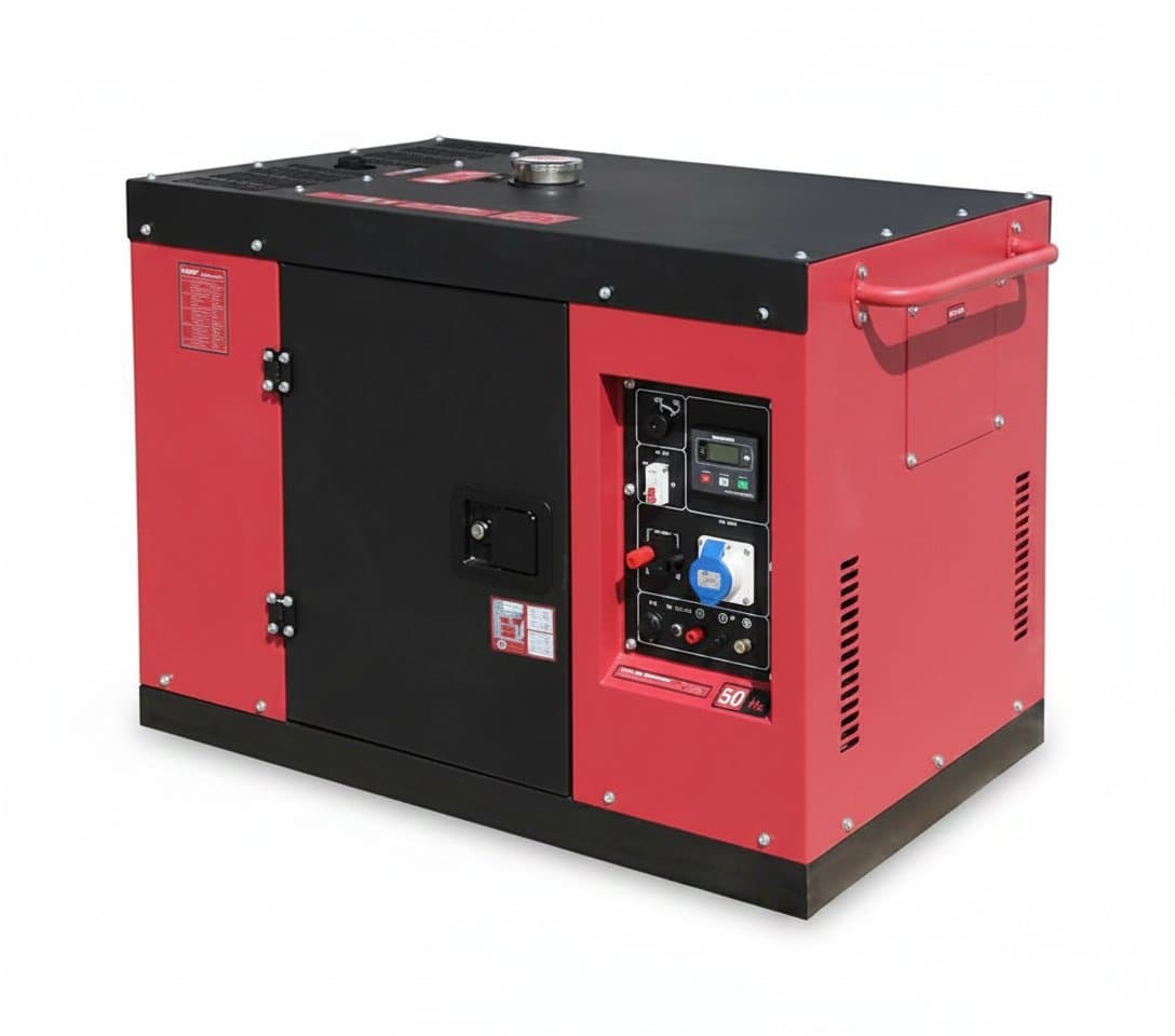 Commercial industrial diesel generator set with remote control, featuring a quiet electric power engine and durable yellow housing.
