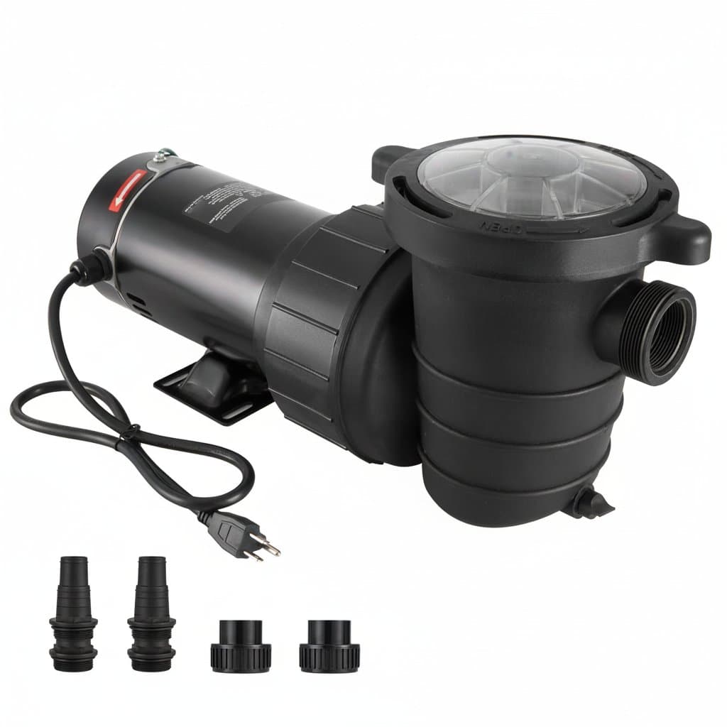 SucceBuy above ground pool pump available in 1HP, 1.5HP, and 2HP single-speed models with filter basket, UL certified for pools, hot tubs, and spas.