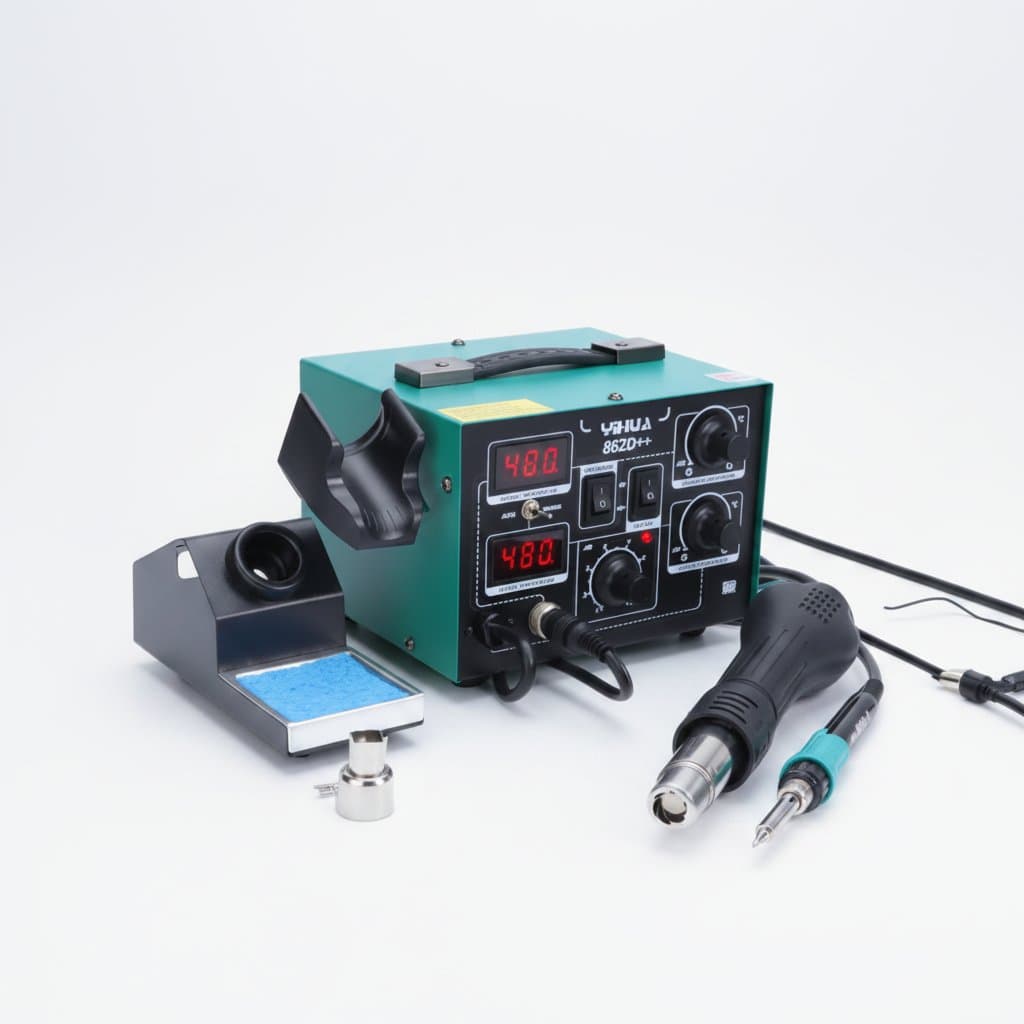 YIHUA 862D++ soldering iron and hot air rework station with digital display, designed for BGA and SMD phone repair with auto/manual modes.