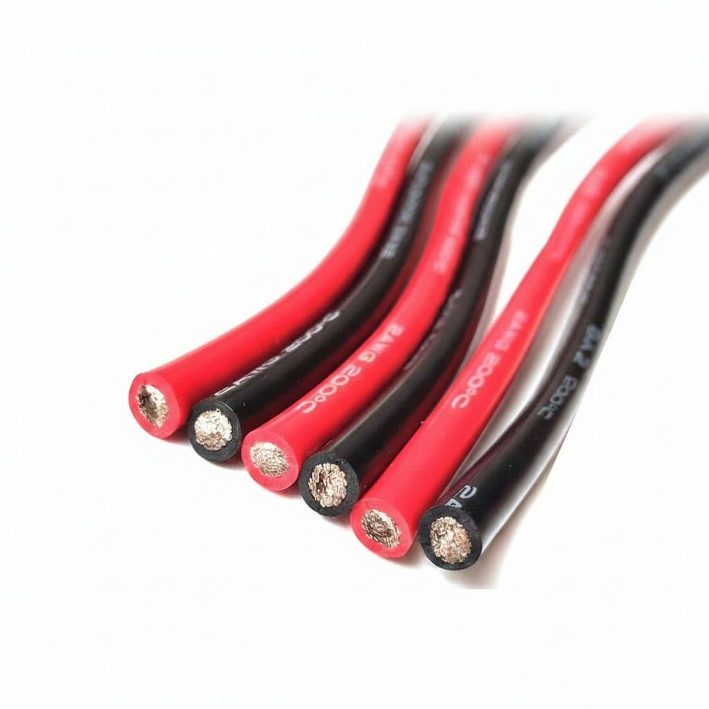 Super soft silicone red and black electrical cable in various AWG sizes for car battery and power applications, heat-resistant.