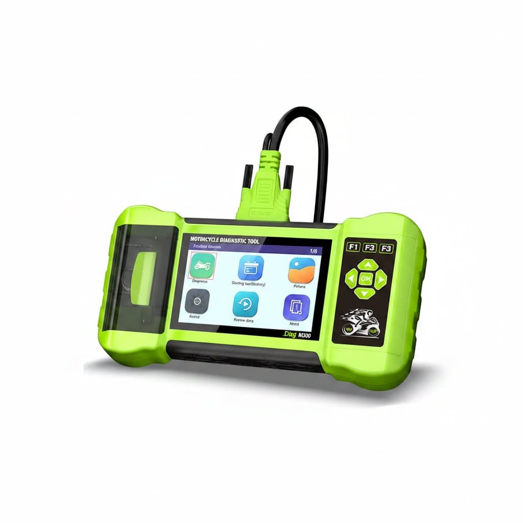JDiag M300 OBD2 motorcycle diagnostic scanner for BMW, Yamaha, Harley, Honda, and Ducati models with ABS and engine fault reading.