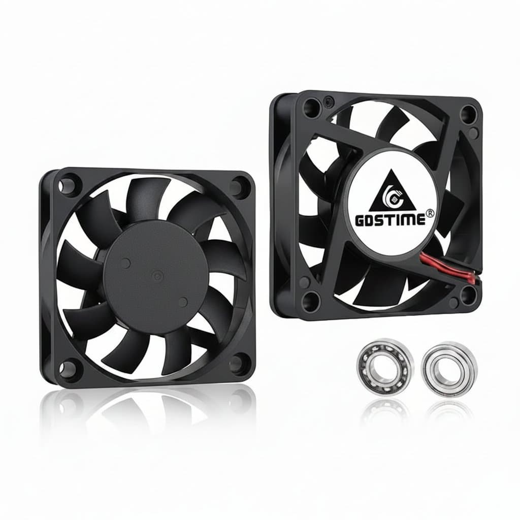Gdstime 60mm brushless DC cooling fan for PC and CPU equipment, showing black frame and spinning blades for 24V, 12V, and 5V operation.