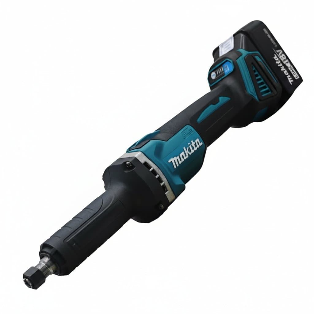 Makita 18V cordless brushless die grinder with 6mm collet, showing ergonomic grip and variable speed trigger for metalworking.