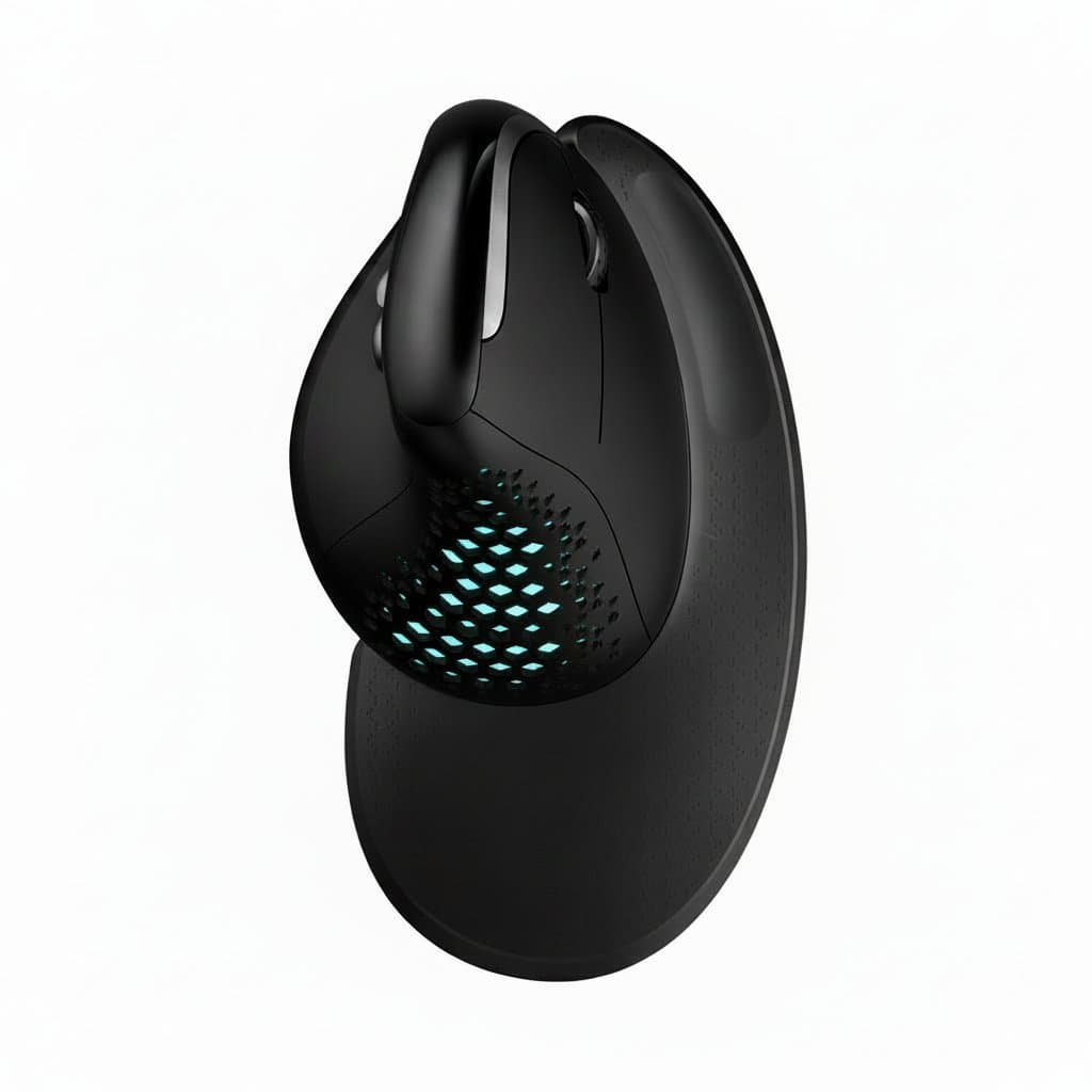 Delux M618XSD Seeker ergonomic vertical mouse with OLED screen, 4000 DPI, rechargeable battery, and removable back cover.