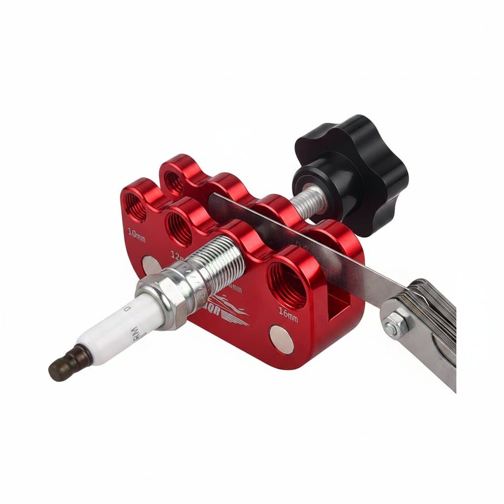 Ergonomics spark plug gap tool with a steel feeler gauge for M10, M12, M14, M16 spark plugs.