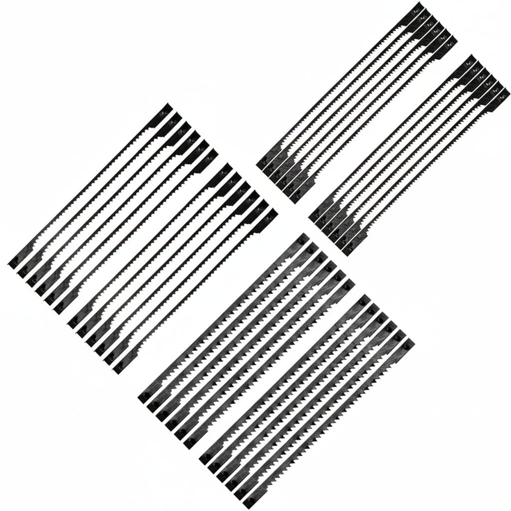 36-pack of 3-inch scroll saw blades with pin ends, featuring a mix of 15, 18, and 24 TPI for versatile woodworking on Dremel and other saws.