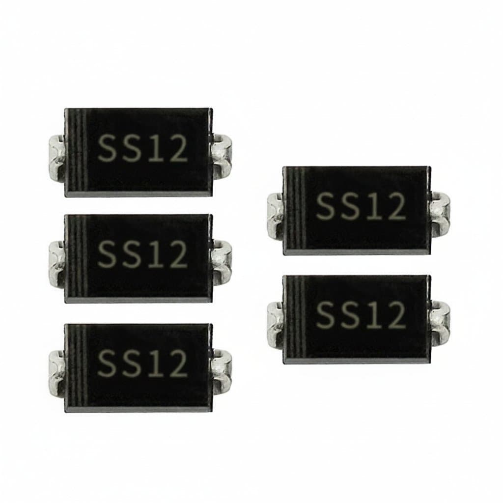 100PCS 1N5817 SS12 SMD Schottky diode assortment in DO-214AC package, low forward voltage for efficient rectification.