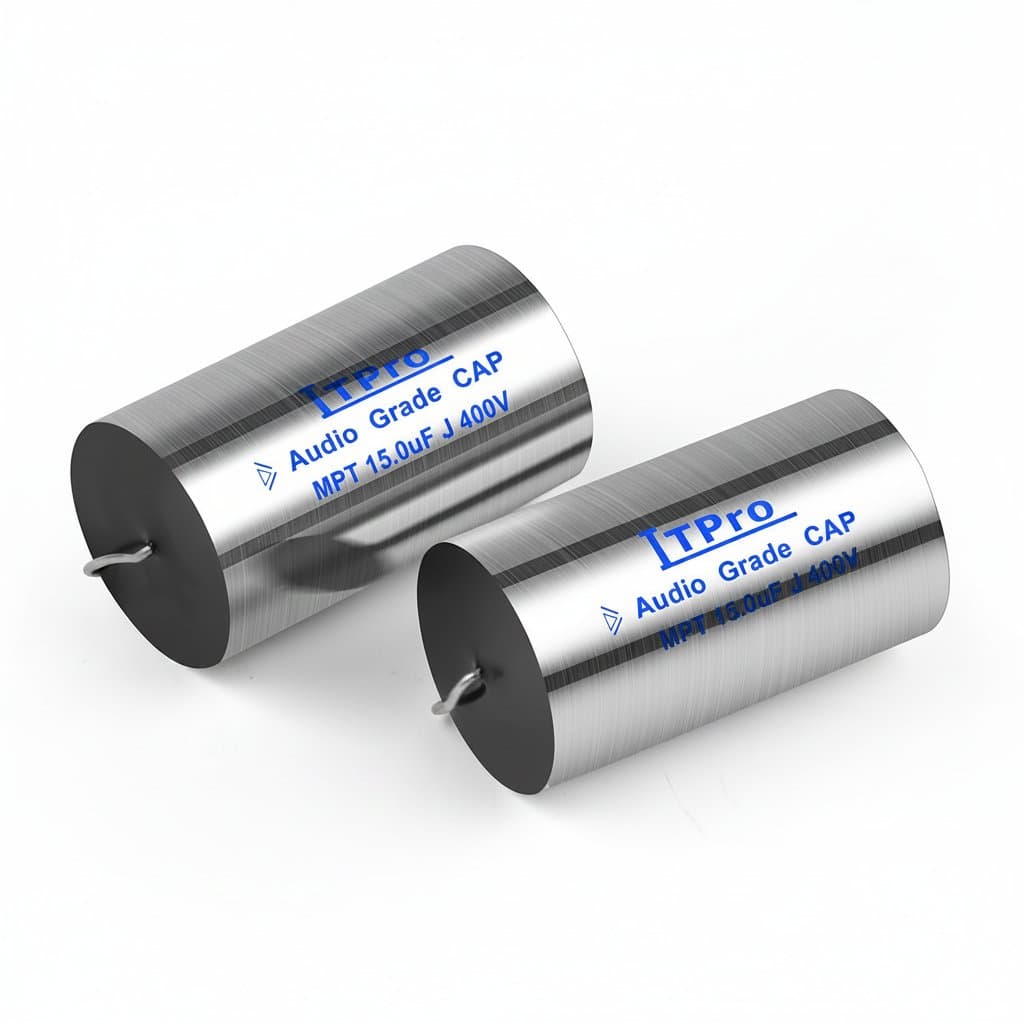 Two MPT MKP 400V audiophile capacitors for speaker crossover networks, showing gold axial leads and red plastic casing.