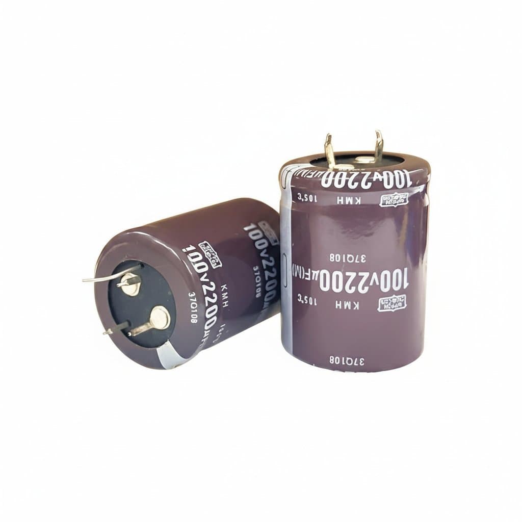 10-pack of KMG series 100V 2200uF high power capacitors for audio amplifiers and welders, with low ESR and 105C rating.
