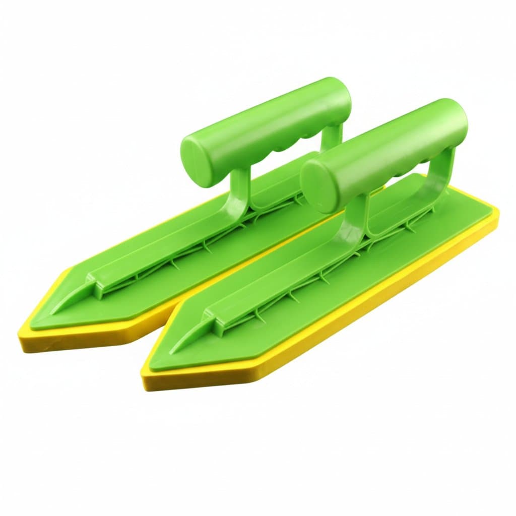 Sponge foam float trowel for applying grout, stucco, or tile seam filler, with scraper spatula edge for putty and caulking work.