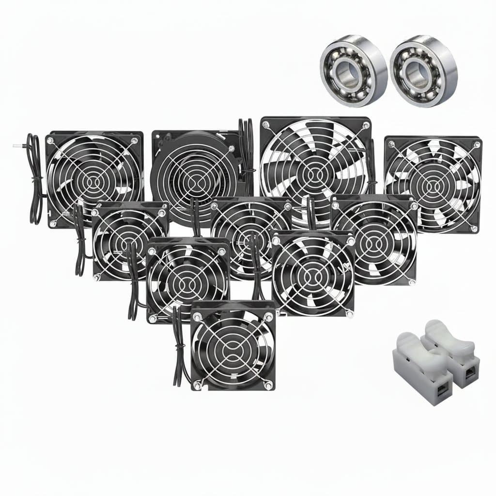 AC axial cooling fan with brushless EC motor, available in sizes 60mm to 120mm for 110V or 220V operation.
