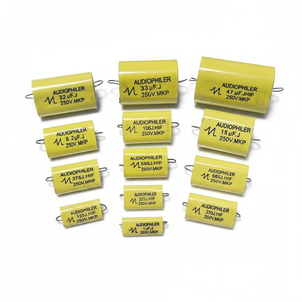4-piece set of 250V MKP axial capacitors for high-fidelity speaker crossover networks, values from 1uF to 47uF.