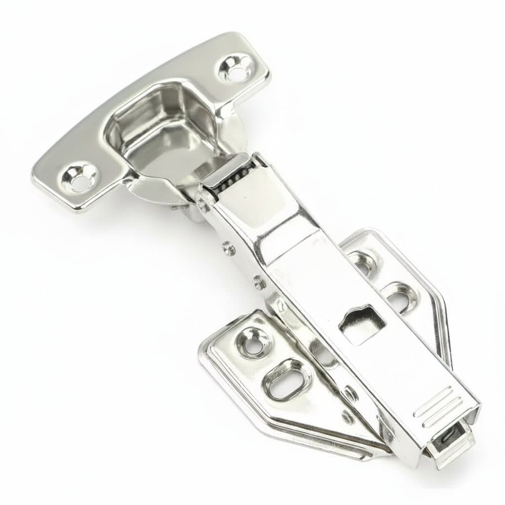Contemporary soft-close cabinet hinges in polished stainless steel for kitchen or bathroom doors.