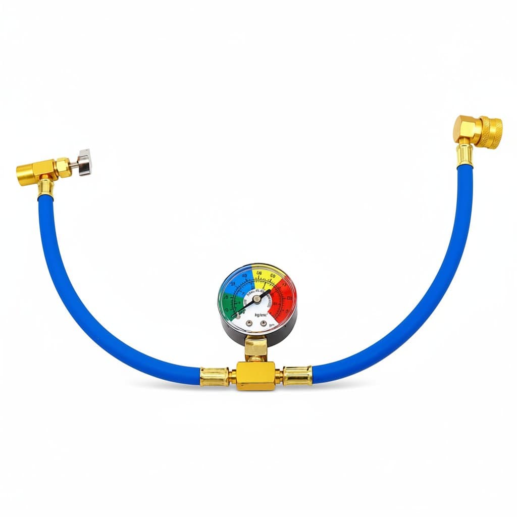 R134A Recharge Hose with Gauge and 90° Low Side Quick Coupler, a complete car ac recharge kit for R134A, R12, and R22 refrigerants.