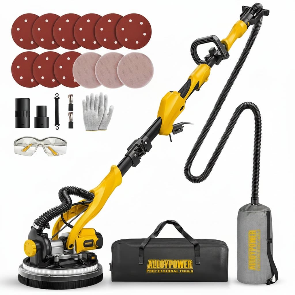 1050W high-power drywall sander with vacuum dust collection, 7 variable speeds up to 2100 RPM, and foldable design.