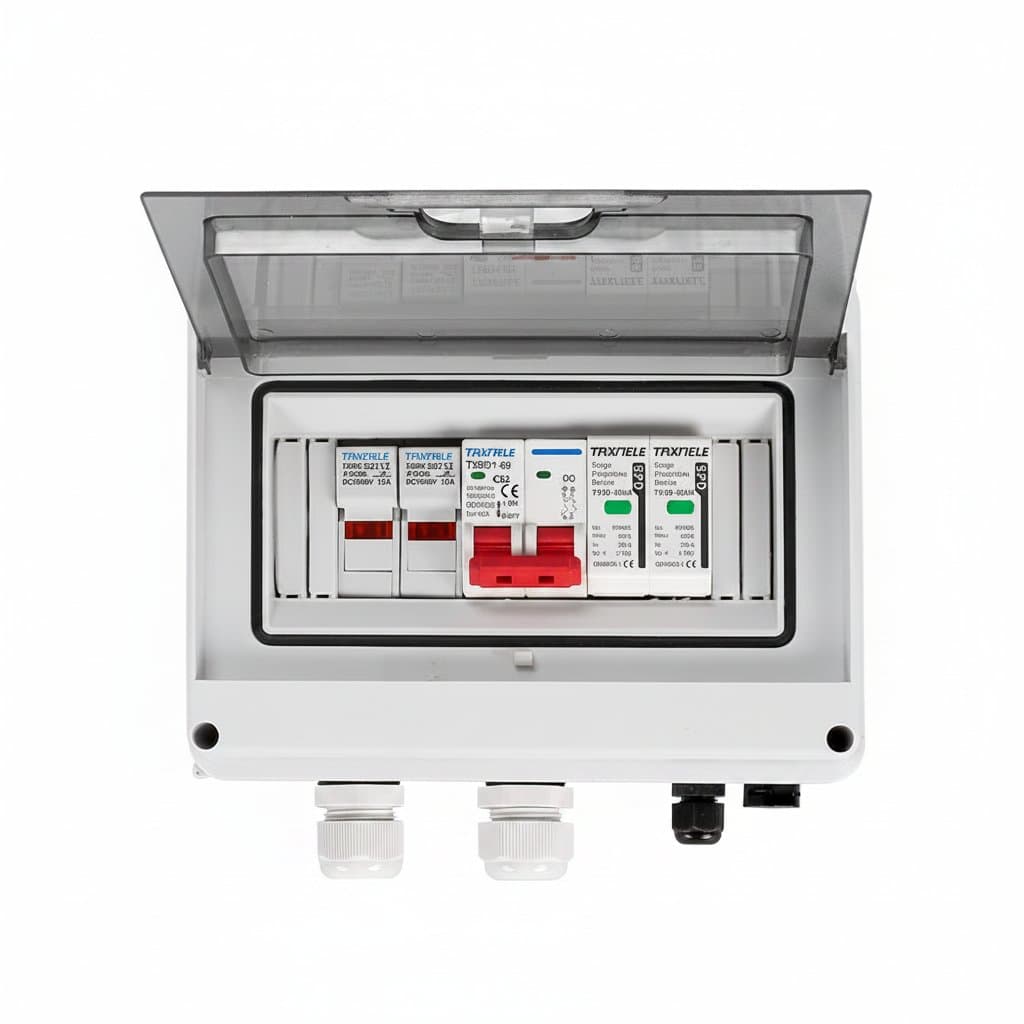 Solar PV DC combiner box with surge protection, 600V rating, 1 input 1 output, featuring MCB, fuse, and SPD in a waterproof IP65 enclosure.