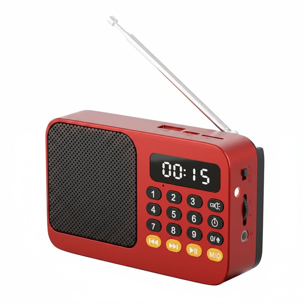 Compact black portable pocket radio with AM, FM, and shortwave bands, featuring a digital display, tuning knob, and wrist strap for walking or running.