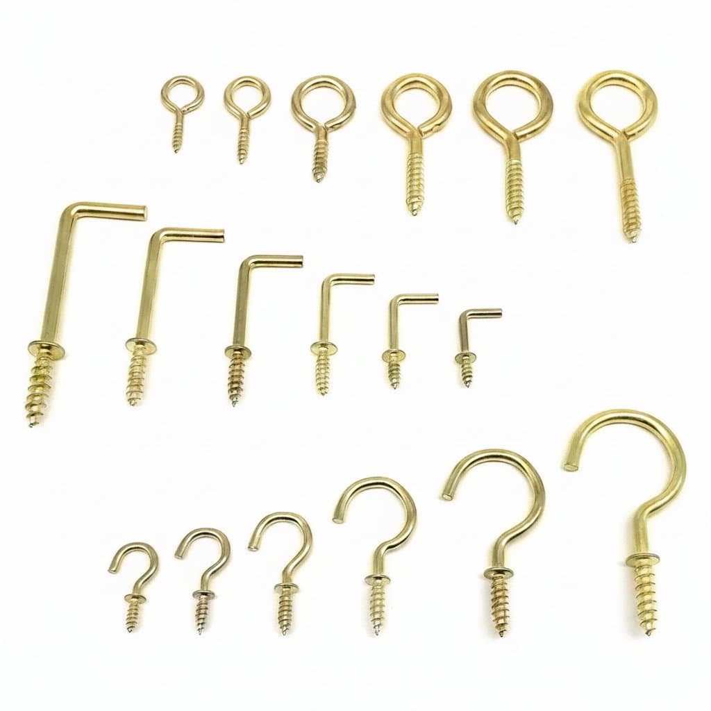 Assortment of 25 golden picture frames, lamp light cabinet components, plant curtain net wires, eye bolts, eyebolt screws, cup hooks, and clasps for various hanging applications.