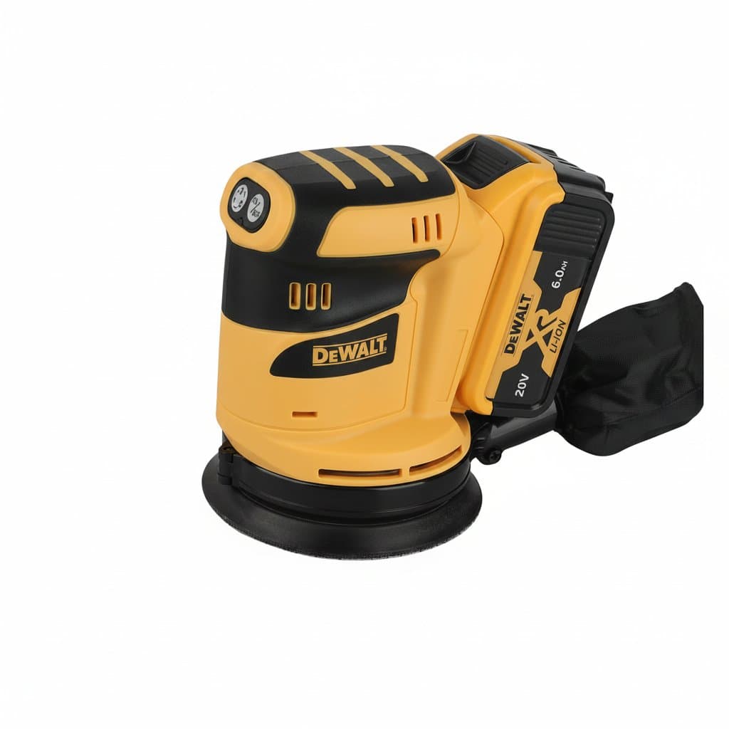 DeWalt WS-KA7 XR cordless electric polisher with ComfortGrip handle, 3-speed gear adjustment, and 125mm sanding pad.