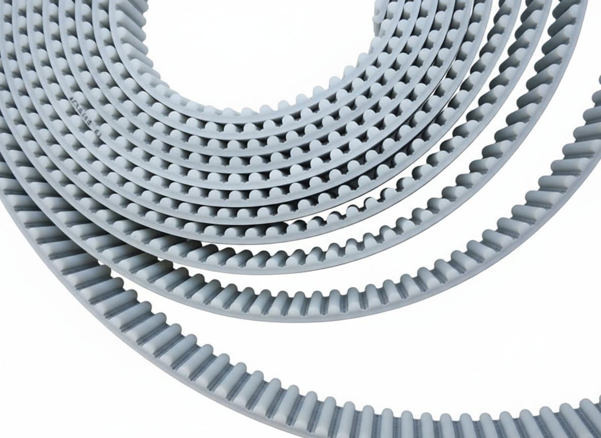 HTD5M Timing Belt, white and coiled on a light concrete surface.