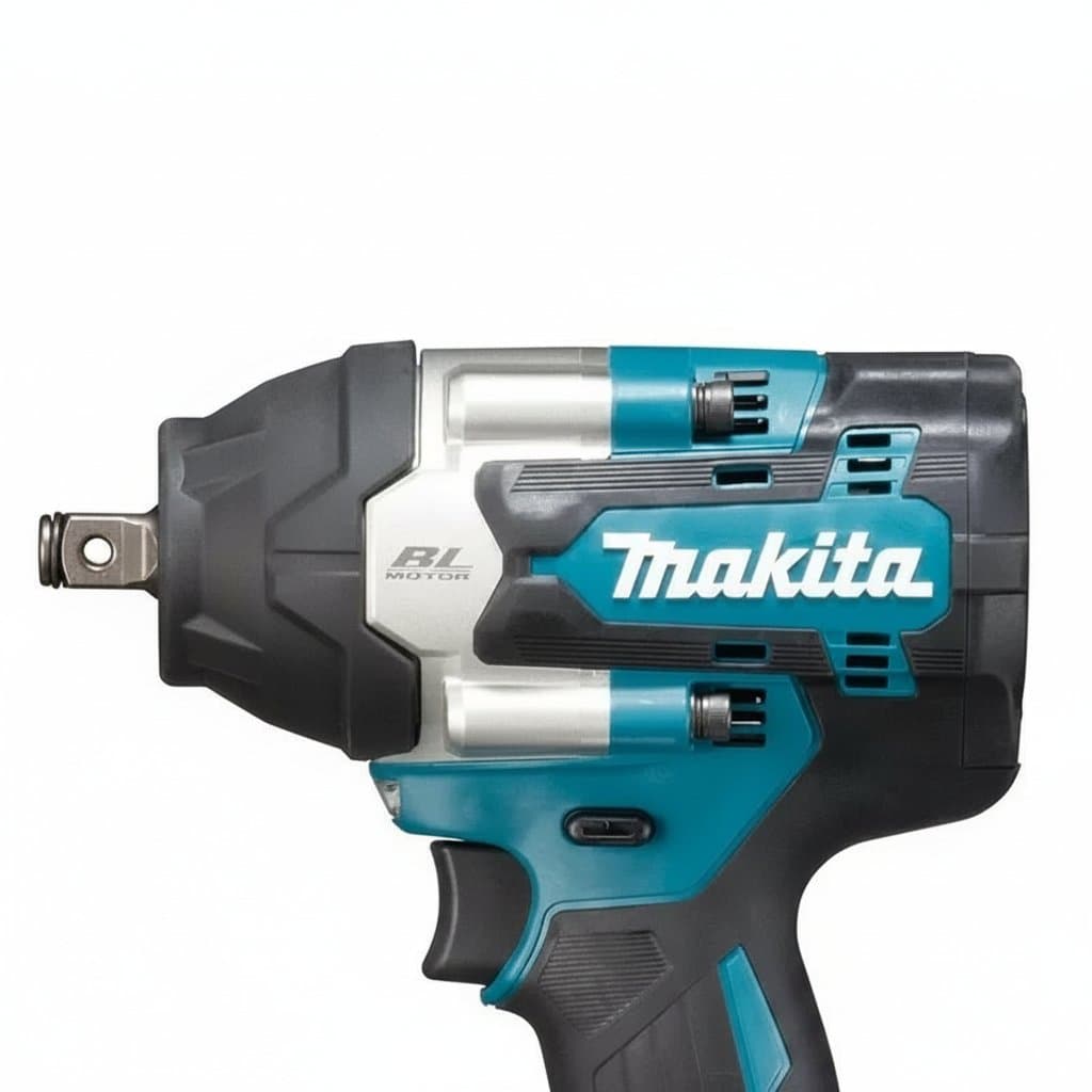 Makita DTW700 brushless electric screwdriver and drill driver with 18V battery, charger, and wood milling cutter attachment.