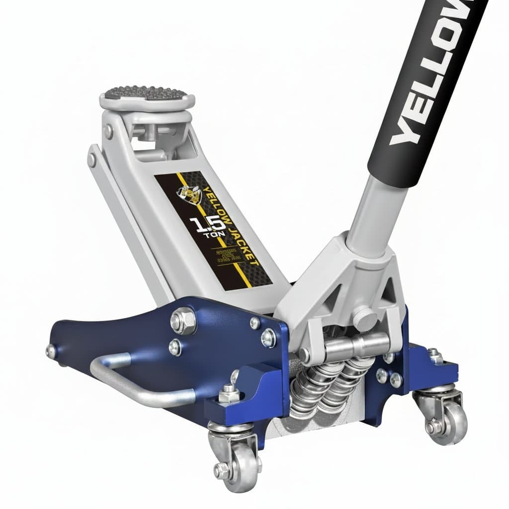 1.5 ton low profile hydraulic floor jack for automotive repair, featuring lightweight aluminum and steel construction on a workshop floor.