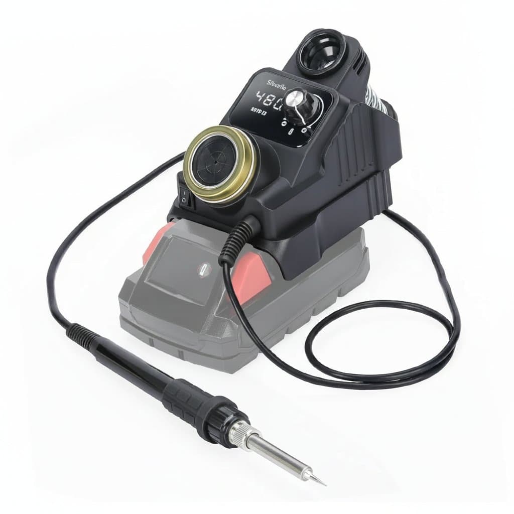 Silverflo 937DI Cordless Soldering Station with sleep mode, powered by DEWALT, Milwaukee, or MAKITA 18V/20V batteries for portable soldering.