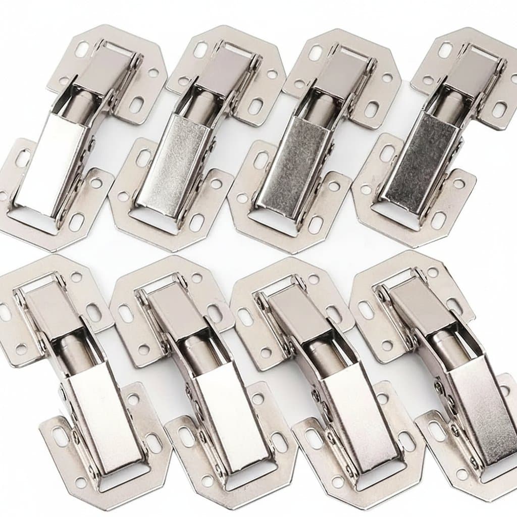 90-degree stainless steel hinge with silver finish, designed for furniture and cabinets without requiring drilling for installation.