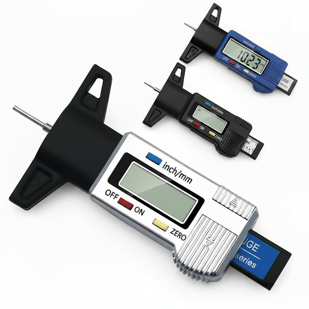 Large screen digital display tire ruler for measuring tire tread pattern depth with clear, easy-to-read measurements.