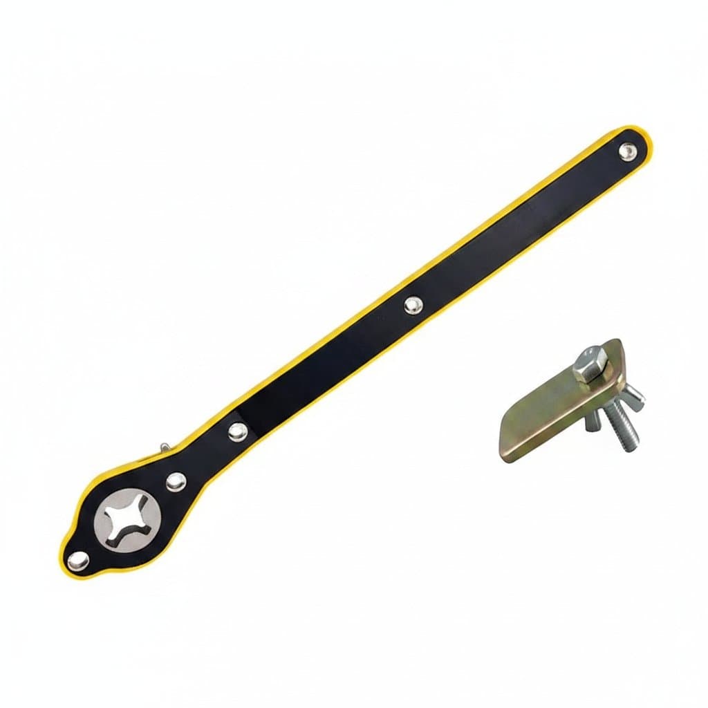 Labor-saving car scissor jack with ratchet wrench and lug wrench handle for tire changes and garage repairs.