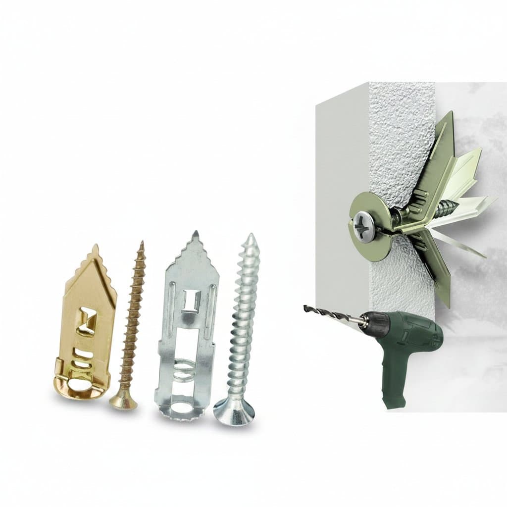 Set of self-tapping, self-drilling anchor screws for drywall and gypsum plasterboard, functioning as expansion nails or dowels.
