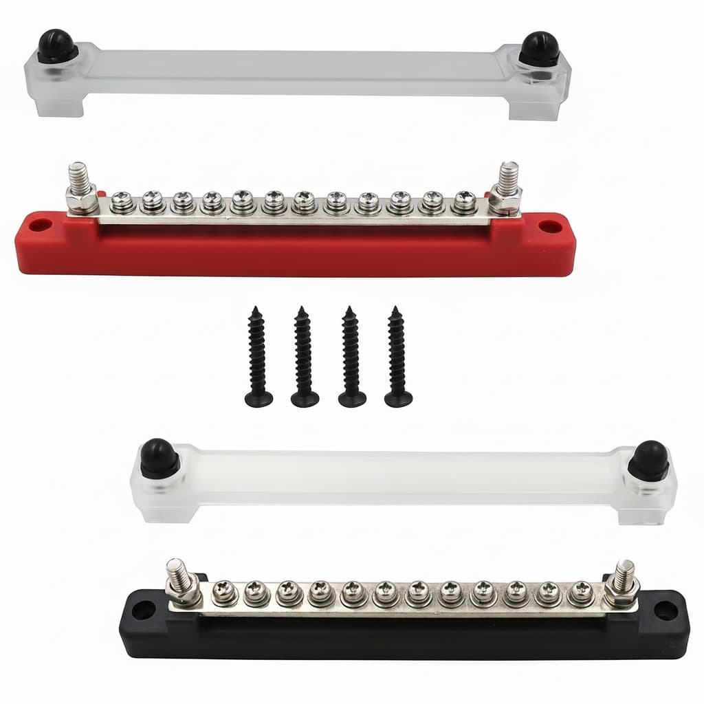 12-terminal bus bar ground power terminal block for secure electrical power distribution, featuring brass conductors and a durable white nylon housing.