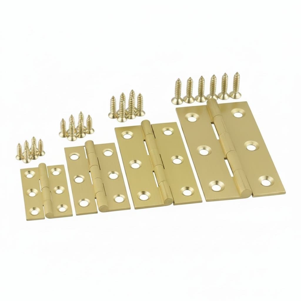 Ten brushed brass hinges with sealed finish, featuring elegant design for jewelry boxes, small cabinets, and decorative furniture.