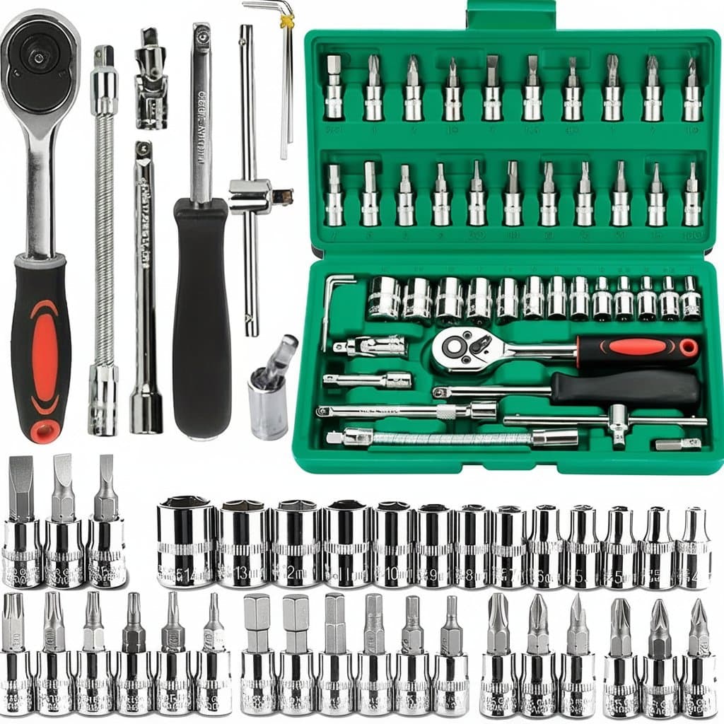 46-Piece 1/4 Inch Drive Mechanic Tool Set with ratchet, sockets, and bits in a durable plastic carrying case for auto and home repair.