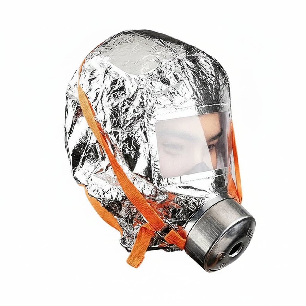 Professional fire safety breathing apparatus with protective mask and filter, designed for smoke filtration and respiratory protection in hazardous environments.