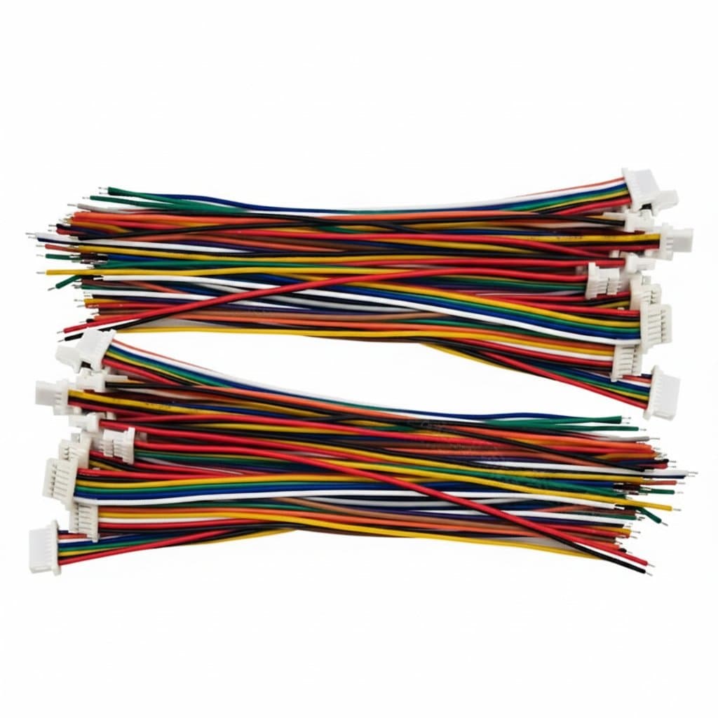 Pan Connector Wire: colourful jumper wires with white connectors on white.