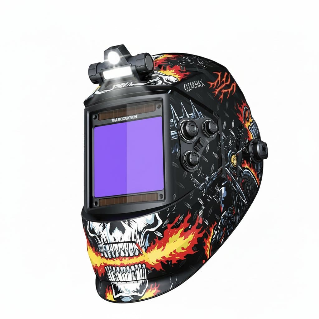 ARCCAPTAIN auto-darkening welding helmet with 4 arc sensors and true color lens for MIG, MAG, TIG welding and cutting.